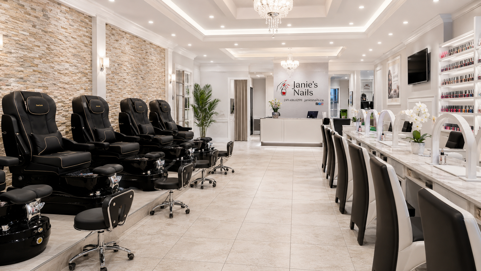 Janie's Nails main studio with pedicure chairs and manicure stations
